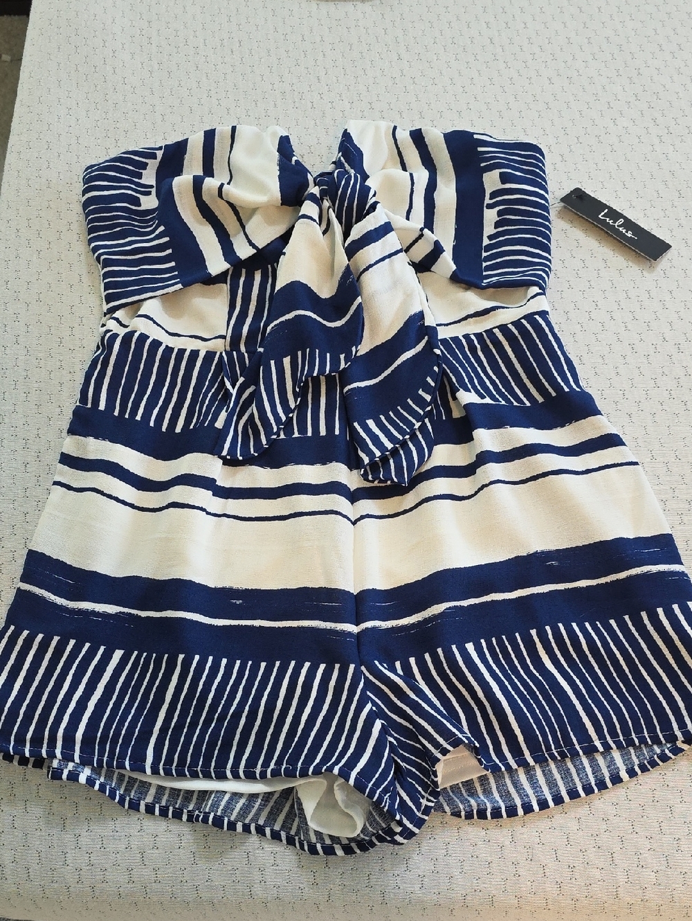 Lulu's Navy & White Striped Strapless Romper with Front Tie